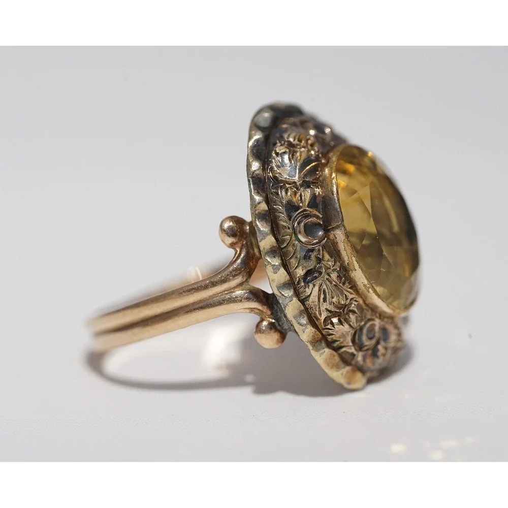 Victorian Antique 14k Solid Yellow Gold Flower Natural Citrine Ring Size 6.5 5g